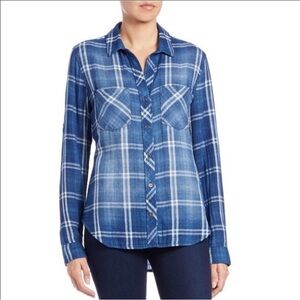 Cloth & Stone Gauze Plaid Button Up‎ Shirt Blue S